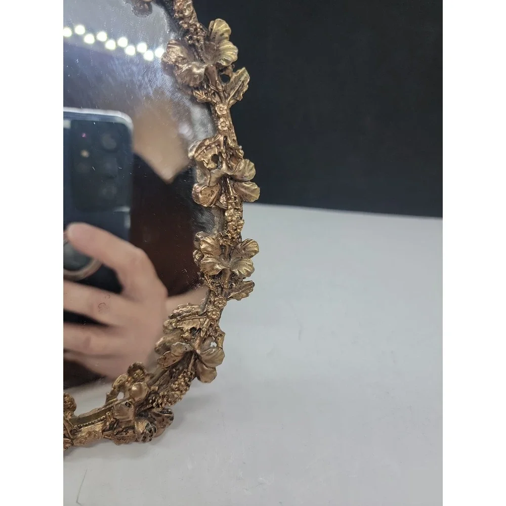 Vintage Globe 24K Gold Plated Ornate Hibiscus Design Tabletop Oval Mirror 1950s